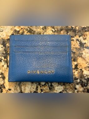 Givenchy Blue Pebbled Leather Card Case with Gold Logo